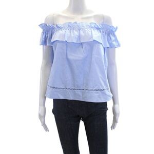 N/Nicholas Womens Cotton Ruffle Neck Sleeveless Blouse Top Blue Size 2